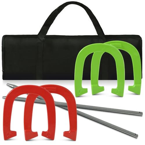 Horseshoes Outside Game - Steel Horseshoe Set - Yard Game Kit with 4 Heavy Duty Horseshoes, 2 Solid 24" Stakes & Carrying Bag - Classic Lawn Games for Adults, Backyard, Camping