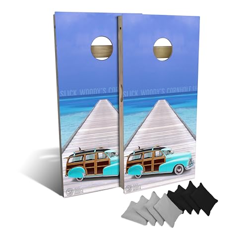 Slick Woody's Professional-Grade Cornhole Boards - 4'x2' Solid Wood Regulation Beach Corn Hole Toss Game with 8 Resin Filled Bags - color: Woody Wagon