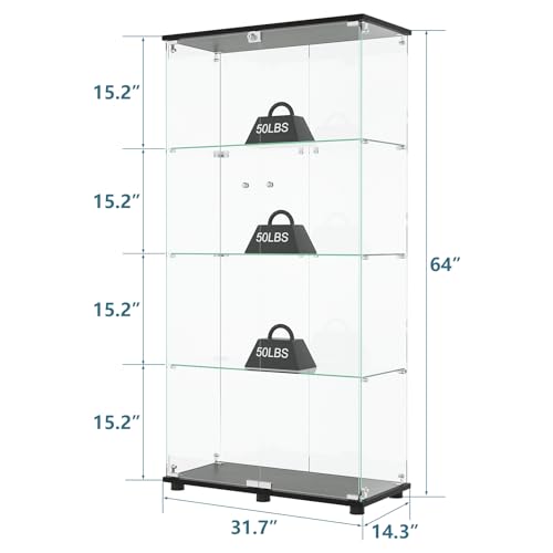 Glass Display Cabinet with 4-Shelf Double Doors and Lock, Curio Cabinet 5mm Tempered Glass Floor Standing Bookshelf for Living Room, Bedroom, Office, 64 x 31.7 x 14.3 in, Black - size: 2-Door 4-Shelf