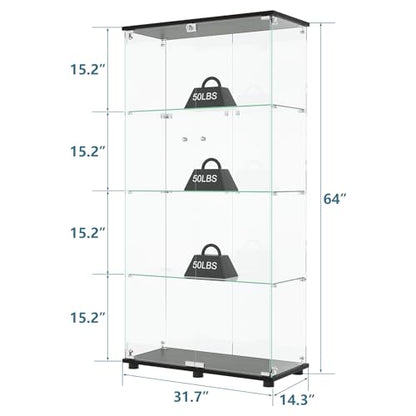 Glass Display Cabinet with 4-Shelf Double Doors and Lock, Curio Cabinet 5mm Tempered Glass Floor Standing Bookshelf for Living Room, Bedroom, Office, 64 x 31.7 x 14.3 in, Black - size: 2-Door 4-Shelf