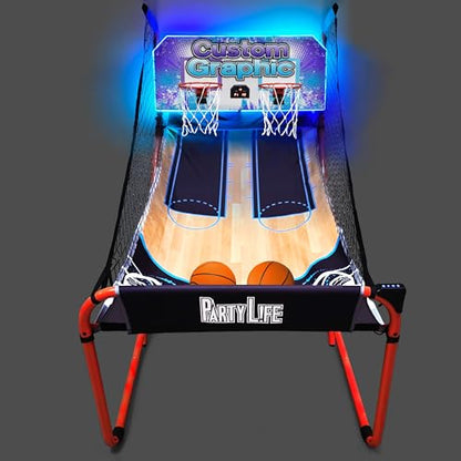 PartyLife 2-Player Basketball Arcade Game w/Optional LED Lights | Electronic Scoring | 5 Balls, 1 Pump, 8 Games | Folding Design | Heavy-Duty Steel Frame - Choose Your Model - color: Custom, style: w/ LED Lights