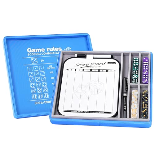 Dice Tray and Storage Case for Farkle Game - Includes Embedded Scoring Combinations, 4 Sets of 6 Pearl Dice, 50 Sheet Score Pad and Pen Holder for The Classic Family Game - Blue and Grey - color: Blue and Grey