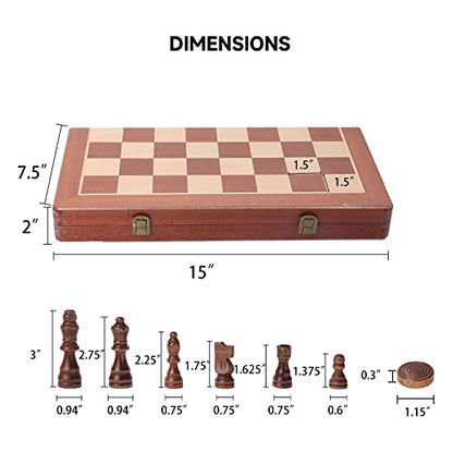 GSE Games & Sports Expert 15" Large Wooden Folding 2-in-1 Chess and Checkers Board Game Combo Set, Portable Travel Board Games Chess Checker Set