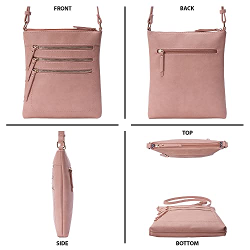 Solene Crossbody Bag Functional Multi Pocket Messenger Purse Top Zip Closure Shoulder Handbag With Adjustable Strap - color: Rose Pink
