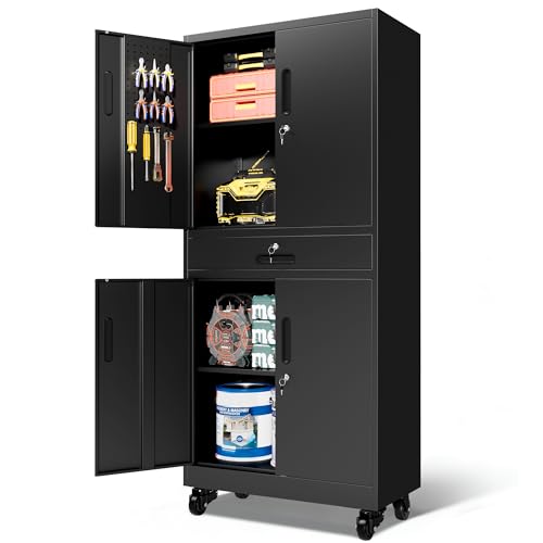 Metal Garage Storage Cabinet with Drawer and Pegboard Doors, 71'' Tall Storage Cabinet with Adjustable Shelves and Lock, Rolling Tool Cabinet on Wheels for Garage, Utility Room (Black) - color: Black, style: Tall - 4 Doors & 1 Drawer