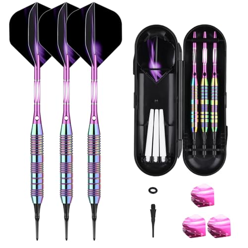 Darts Plastic Tip Set - 18g 21g Colorful Rainbow Soft Tip Darts 50 Anti-Loose O-Rings 6 Shaft (Aluminum/Nylon 45mm) 6 Durable Flights Extra 50 Soft Tips Electronic Dartboard - color: C-TYPE-PURPLE-21g