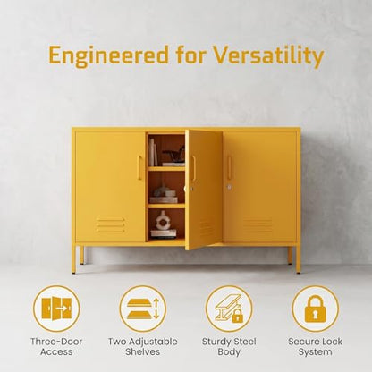 32" Wide 3-Door Lockable Metal Storage Cabinet with Accent Cabinet Locker, Heavy Duty Home Tool Cabinet, 2 Removable Shelves & Easy Assembly, for Home, Office, Entryway and Hallway Yellow - color: Mustard, style: Cabinet-32"H-WL