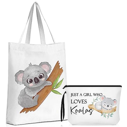 Sieral 2 Pcs Animal Lover Bag Gift for Women Travel Canvas Tote Portable Zipper Pouch Canvas Reusable Grocery Tote - style: Koala