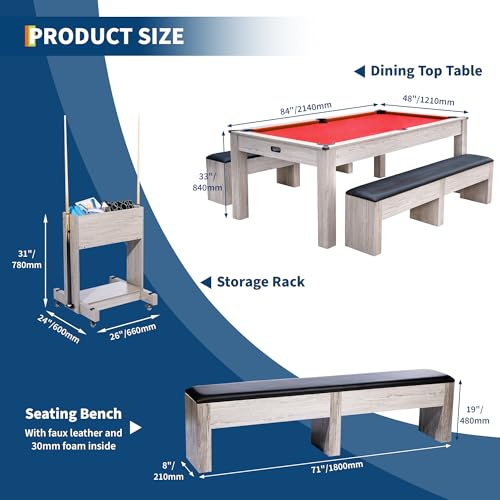 7FT 3-in-1 Pool Table - Convertible Billiard, Dining Table & Ping Pong | Includes Rolling Storage Cart, Cue Sticks, Balls, Table Tennis Set | Space-Saving Game Table for Home & Game Rooms - color: Red