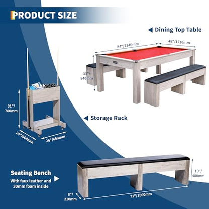 7FT 3-in-1 Pool Table - Convertible Billiard, Dining Table & Ping Pong | Includes Rolling Storage Cart, Cue Sticks, Balls, Table Tennis Set | Space-Saving Game Table for Home & Game Rooms - color: Red