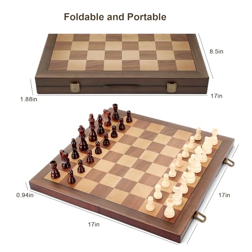 Magnetic Wooden Chess Set for Adults Kids 17'' Chess Board with Handmade Pieces, Folding Portable Travel Unique Chess Sets Game for Tournament Professional Beginner - size: 17 INCHES