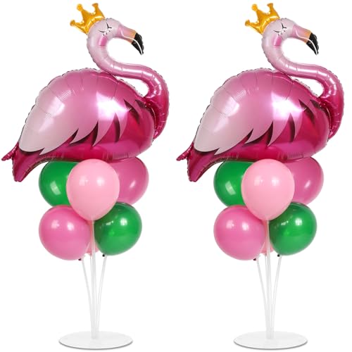 2 Sets Summer Tropical Flamingo Balloon Column Stand Kit with 102 Pink Green Flamingo Foil Balloons 5.57ft Balloon Tower Stand with Base Arch Column for Birthday Wedding Hawaiian Luau Party Decortions - style: Flamingo