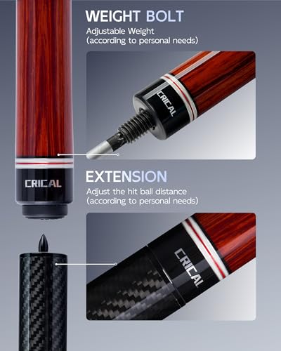 CRICAL RICAL Carbon Fiber Pool Cue 58” 19oz Billiard Cue Pro Taper Shaft Low Deflection Pool Cue Stick Professional Hand-Made Inlay Pool Stick with 12.5mm Tip-Competition Level, Ultra-Smooth - color: Red Set