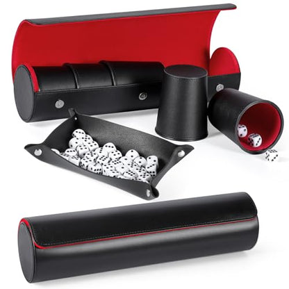 2 Set Leather Dice Cup Set, 10x Dice Cups + 50 Dice + Exclusive Storage and Transport Case Made of Faux (2 Pack Red) - color: Black Red X2