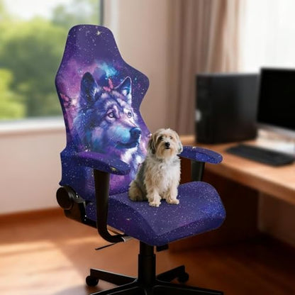 Suobstales Galaxy Wolf Butterfly Pattern Gaming Chair Cover, Stretchable Office Computer Chair Cover Ergonomic Cat Proof Protector with Armrests, Comfy Executive Rolling Chairs for Home Office - color: Galaxy Wolf Butterfly
