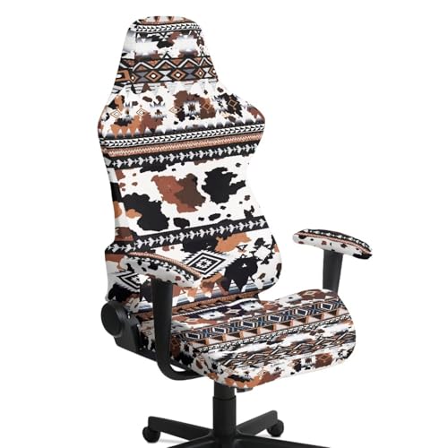 Suobstales Aztec Cow American Tribal Pattern Gaming Chair Cover Washable Gaming Chair Slipcovers with Armrest Covers, Anti-Scratch Universal Fit Ergonomic Office Desk & Racing Computer Gamer Chairs - color: Aztec Cow American Tribal