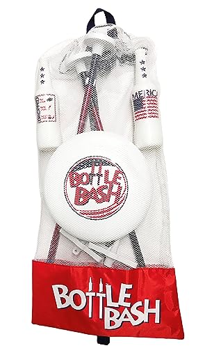 Bottle Bash Outdoor Flying Disc Game Set – Frisbee Toss Backyard and Beach Game for Family, Adult & Kids - Beersbee & Polish Horseshoes - color: Red/White/Blue - USA