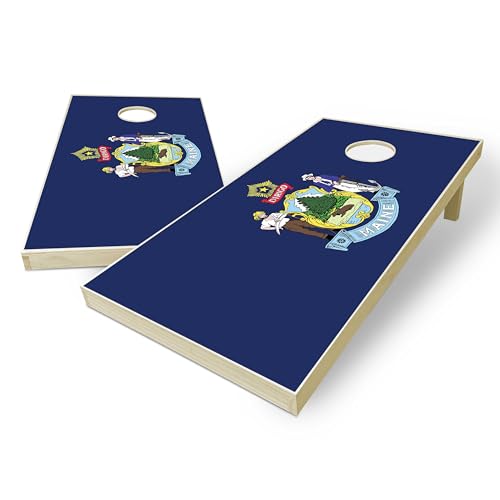 State Flag Solid Wood Regulation Cornhole Set 4 Feet x 2 Feet Includes Set of 8 Bags and Carrying Case with Optional LED Lights and Lamination - style: Maine