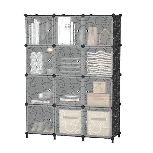 AWTATOS 12 Cube Storage Organizer with Doors, DIY Plastic Closet Shelf, Modular Bookshelf, Stackable Shelving Rack for Bedroom, Living Room, Black ULPZ012 - color: Black