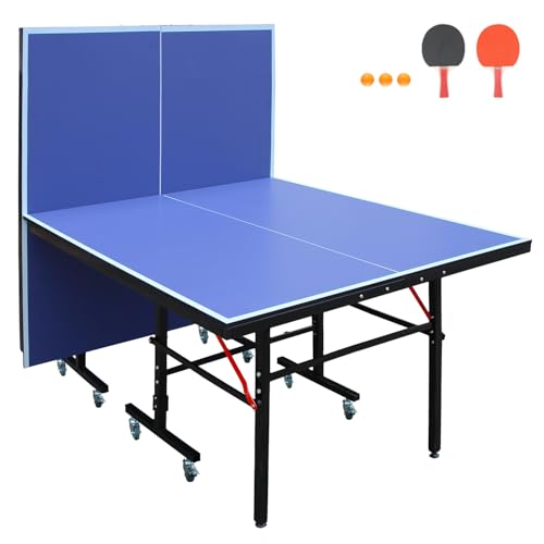 8×4FT Indoor/Outdoor Blue Table Tennis Table with Quick Clamp Ping Pong Net with Two Rackets and Three Balls，1 Net and 4 Wheels Set Behind It for Easy Movement，Foldable Single-Player Game