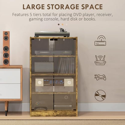 Rustic Brown 4-Shelf Media Stand - Steel-Reinforced MDF, Press-Lock Glass Doors, Adjustable AV Rack for Gaming/TV Gear