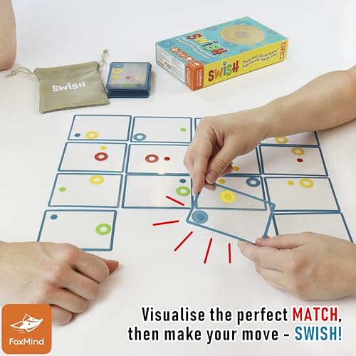 FoxMind Games: Swish Card Game, Spatial Reasoning Board Game for Ages 7 and up, Rotate, Stack & Match Transparent Cards to Win. Waterproof Cards & Travel Bag - Perfect Family Travel Game