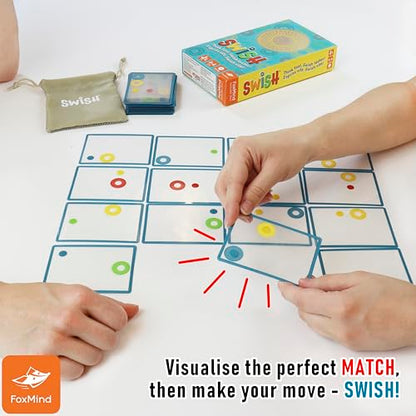 FoxMind Games: Swish Card Game, Spatial Reasoning Board Game for Ages 7 and up, Rotate, Stack & Match Transparent Cards to Win. Waterproof Cards & Travel Bag - Perfect Family Travel Game