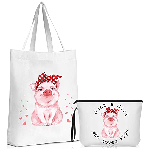 Sieral 2 Pcs Animal Lover Bag Gift for Women Travel Canvas Tote Portable Zipper Pouch Canvas Reusable Grocery Tote - style: Pig