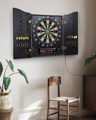 Electronic Dart Board, Decorative Dart Board Cabinet Set for Adults [12*Bronze Soft Tip Darts] [Cricket Game Mode]- Wooden Electric Dartboard Cabinet for Family Game Rooms - style: BLACK