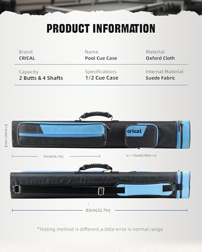 CRICAL Pool Cue Case 2x4 Hard Pool Stick Case Holds 2 Butts and 4 Shafts for Adults Billiard Cue Case with Soft Shoulder Straps - color: upgrade-blue