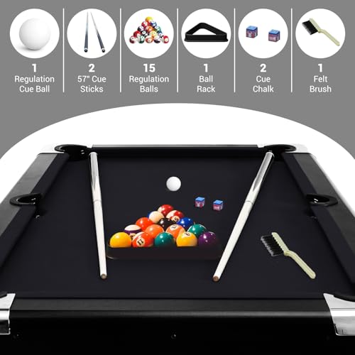 6,7 Foot Foldable Pool Table, Portable Billiards Table with Full Accessories Set, No Assembly, Metal k-Shaped Legs, Includes 16 Balls, 2 Cue Sticks, Chalk, Rack & Brush, Game Room Table for Home, Apar - size: Black-6FT