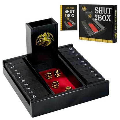 Shut the Box Dice Board Game Wooden for 2 Players,Close the Box Game with 4 Dice,Dice Tower and Manual, Classic Family Board Game for Game Night (2-Players)