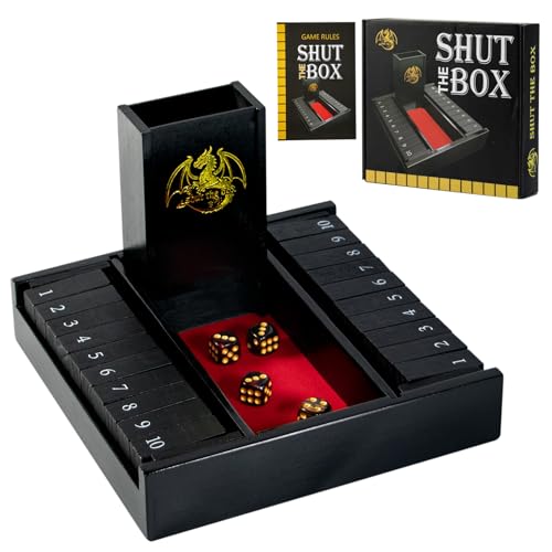 Shut the Box Dice Board Game Wooden for 2 Players,Close the Box Game with 4 Dice,Dice Tower and Manual, Classic Family Board Game for Game Night (2-Players)