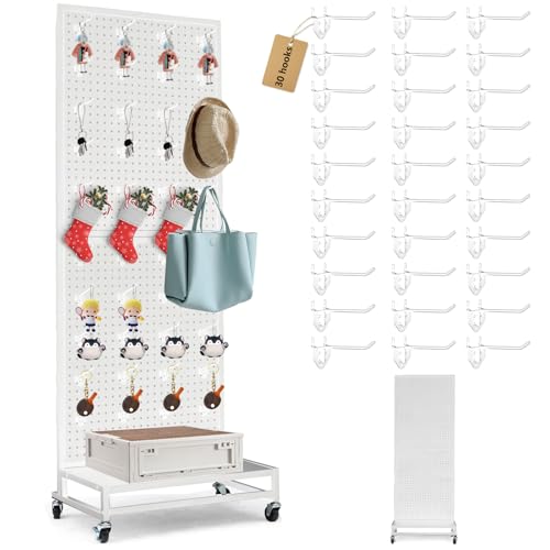 Eastern Tree Metal Pegboard Display Stand 2'x 5'with Base Plate, Pegboard Panels Display with Wheels, Peg Board Display Rack, Standing Pegboard Display with 30 Hooks - White - color: White