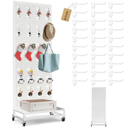 Eastern Tree Metal Pegboard Display Stand 2'x 5'with Base Plate, Pegboard Panels Display with Wheels, Peg Board Display Rack, Standing Pegboard Display with 30 Hooks - White - color: White