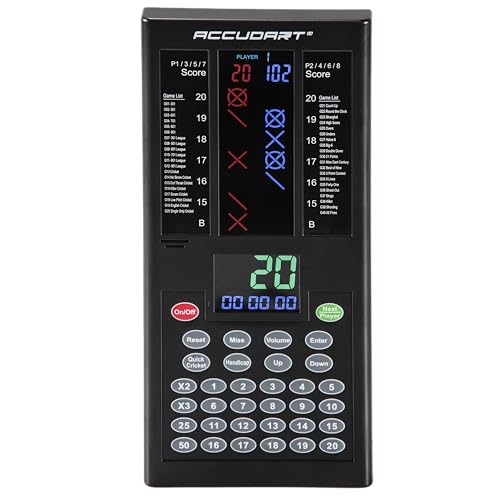 Accudart Cybermatch 2000 Electronic Dart Scorer – 32 Games with 580 Variations, 5 Skill Level Computer Opponents, 8-Player X/O Cricket Scoring Display – Battery Operated for Steel Tip Darts