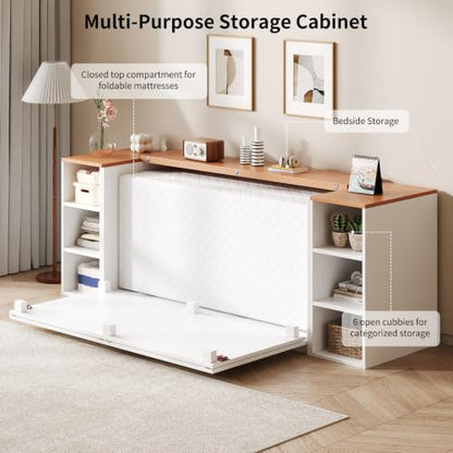 Queen Murphy Bed Cabinet, Farmhouse Murphy Bed with Wooden Foldable Platform, 6 Open Cubby Storage Shelves, Saving Space Wall Bed for Guest Room, Home Office & Apartment, White - size: Queen (U.S. Standard)