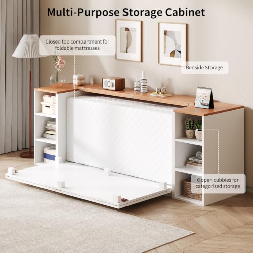 Full Murphy Bed Cabinet, Farmhouse Murphy Bed with Wooden Foldable Platform, 6 Open Cubby Storage Shelves, Saving Space Wall Bed for Guest Room, Home Office & Apartment, White - size: Full