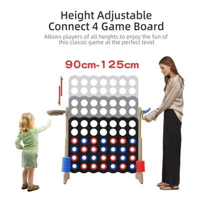 UNICOO Jumbo 4-in-a-Row Game Set, Height Adjustable Indoor Outdoor Yard Game with Basketball Hoop, Ring Toss & Carrying Bag, Family Party Lawn Game for Kids and Adults - color: Grey & Black