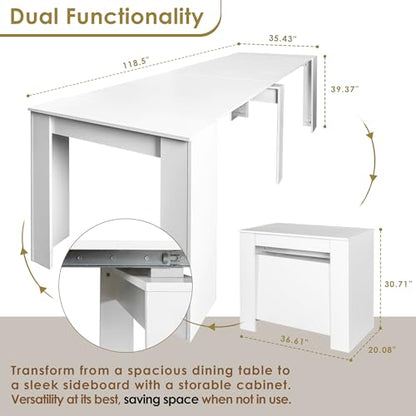 20"-118" White Extendable Dining Table for 2-12 People, Modern Modular Extension Table, Space-Saving Extra Long Folding Dining Table, Multifunctional Conference Meeting Table - color: White, style: 20" - 118.5" (2-12 People)