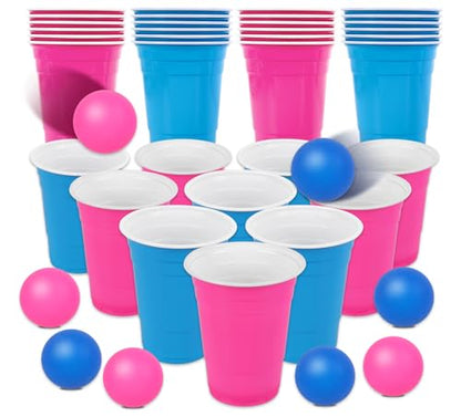 JarThenaAMCS 32Pcs Cup Table Tennis Game Set 22 Blue & Pink Plastic Cups 10 Ping Pong Balls for Gender Reveal Party Game Supplies