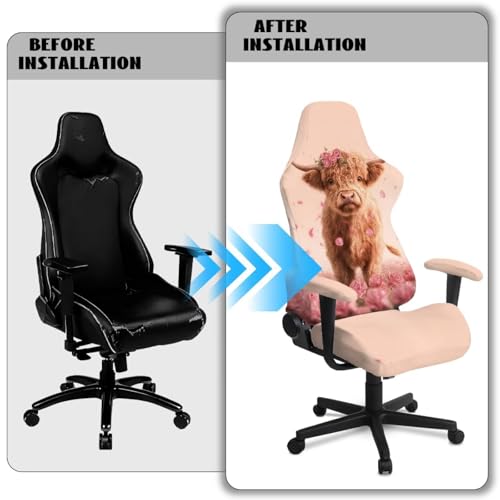 Suobstales Highland Cattle Rose Pattern Gaming Chair Covers with Armrest Cover, Stretch Washable Computer Gaming Chair Slipcovers for Armchair, Swivel, Computer Boss Chair - color: Highland Cattle Rose