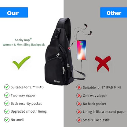 Seoky Rop Men Women Sling Backpack Nylon Water Resistant Shoulder Chest Crossbody Sling Bag with USB Charging Port - color: Black