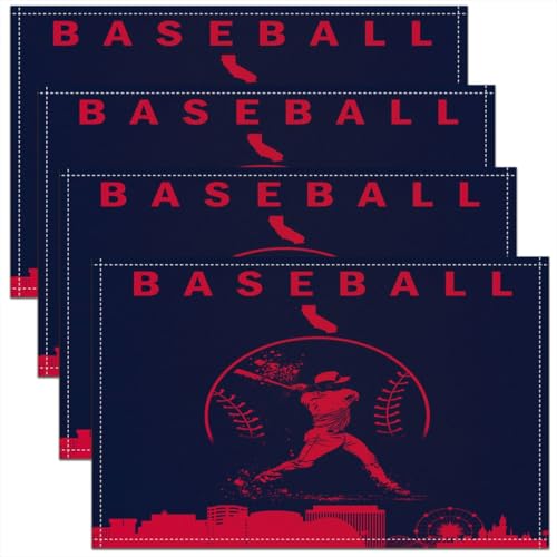 Erosebridal Baseball Placemats Set of 4 Softball Place Mat Sports Games Placement Mats Athlete City Silhouette Table Mats for Dining Table Setting, Dark Blue Red - color: Dark Blue Red