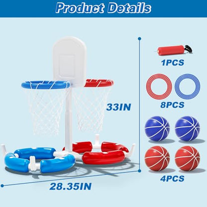 Double Pool Basketball Hoop with Backboard &Ring Toss Game, 2-in-1 Floating Pool Toy with 4 Balls 8 Rings&Pump,2 Player Games Summer Activities for Kids 5-8 8-12& Adult,Outdoor Swimming Party Gifts - size: Double with backboard