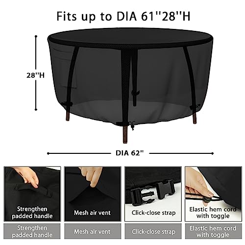Tuyeho Heavy Duty Round Patio Table Cover (62D x 28H Inch), Waterproof & Weather Resistant, Anti UV - Black - color: Black, size: DIA 62*28 inch