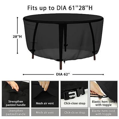 Tuyeho Heavy Duty Round Patio Table Cover (62D x 28H Inch), Waterproof & Weather Resistant, Anti UV - Black - color: Black, size: DIA 62*28 inch