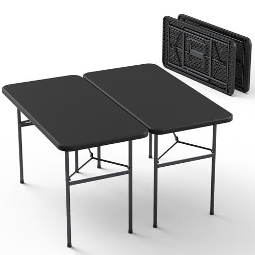 4ft Folding Table with Foldable Steel Legs, Heavy Duty Plastic Foldable Table, Metal Frame, Support up to 400 lb, Portable for Banquet, Craft, Party, Indoor & Outdoor Use, Black, 2Pack - color: Black, size: 4FT Fold Legs-2Pcs