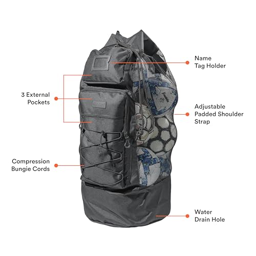 Fitdom Heavy Duty XL Soccer Mesh Equipment Ball Bag w/Adjustable Shoulder Strap Design for Coach. 2 Front Pockets for Sporting Accessories. Best for All Outdoor & Water Gears