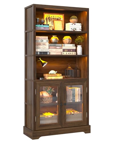 TVU 5-Tier Bookshelf, 65" Bookshelf with Multi-Color Ambient Lights (APP Remote Control), Tall Display Shelf with Cabinet Doors, Suitable for Living Room, Bedroom, Study, Office, Rustic Brown - color: Rustic Brown